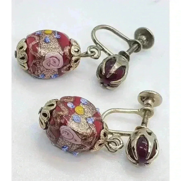 Vintage Earrings Garnet Red Wedding Cake Venetian Art Glass Bead Dangle 10k GP - Picture 7 of 10
